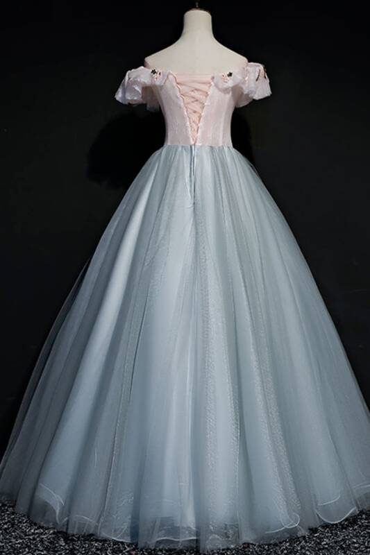 Off the Shoulder Floral and Grey Tulle Ball Gown 