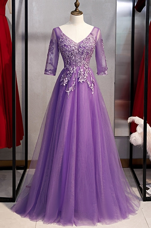 Half Sleeves Purple Appliques Long Paty Dress