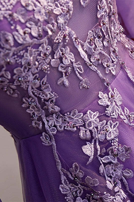 Half Sleeves Purple Appliques Long Paty Dress