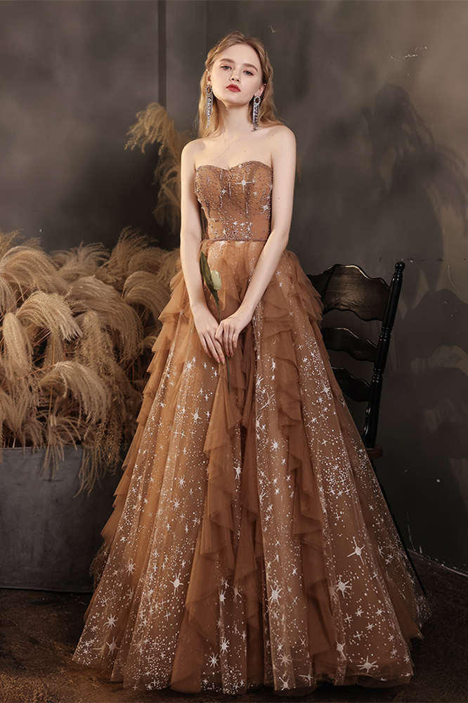 Strapless Champagne Tiered Long Formal Dress Dressesforparty Strapless Champagne Tiered Long Formal Dress Dressesforparty
