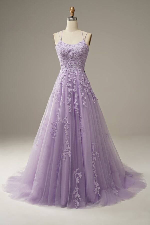 Lavender Lace Appliques A-line Long Prom Dress