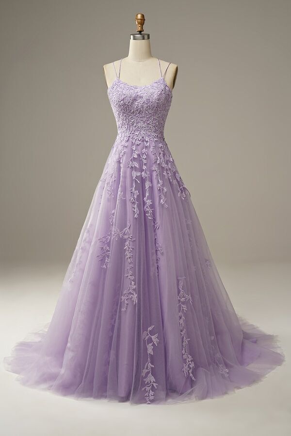 Lavender Lace Appliques A-line Long Prom Dress Dressesforparty Lavender Lace Appliques A-line Long Prom Dress Dressesforparty