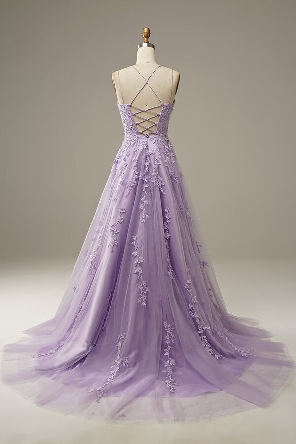 Lavender Lace Appliques A-line Long Prom Dress
