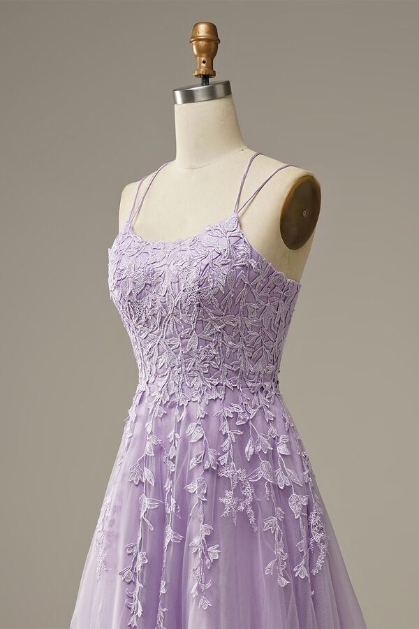 Lavender Lace Appliques A-line Long Prom Dress