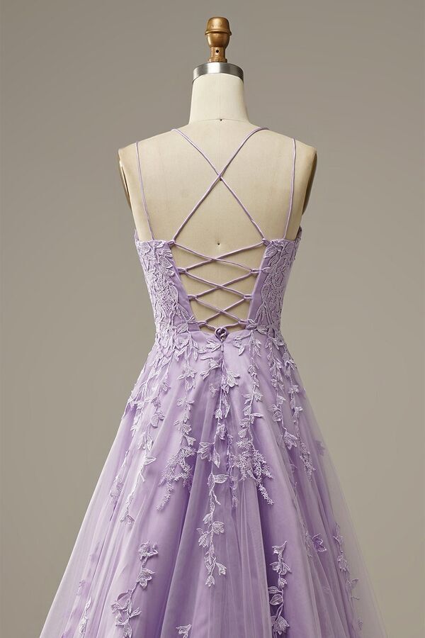 Lavender Lace Appliques A-line Long Prom Dress