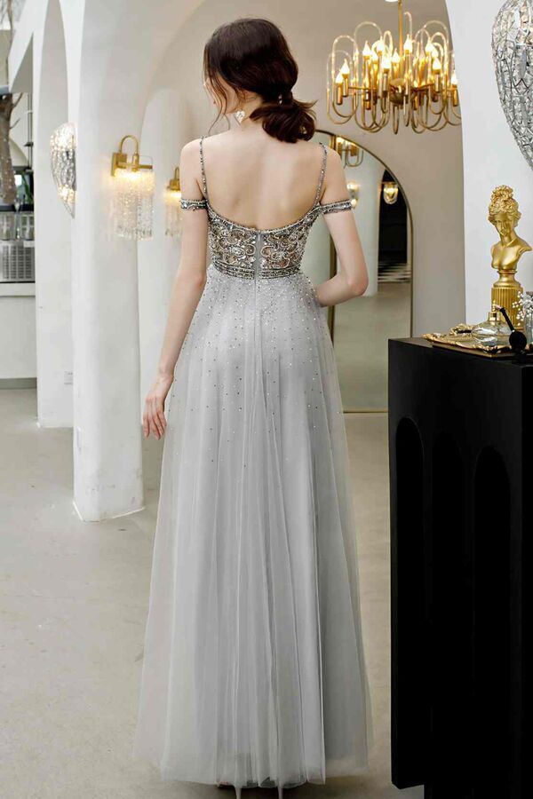 Stunning Straps Grey A-line Long Evening Dress 