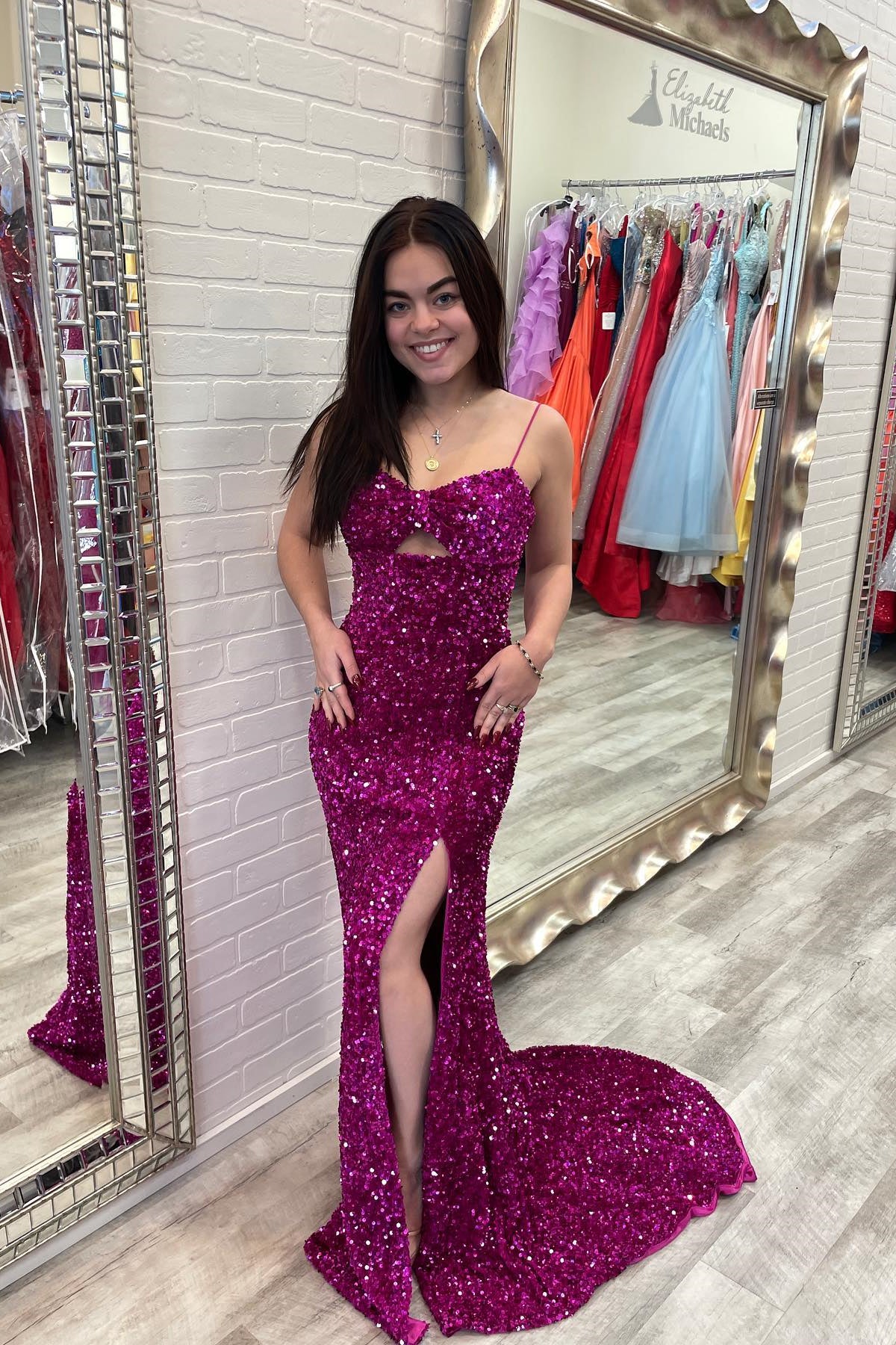 Fuchsia Sequin Straps Keyhole Mermamid Long Formal Dress