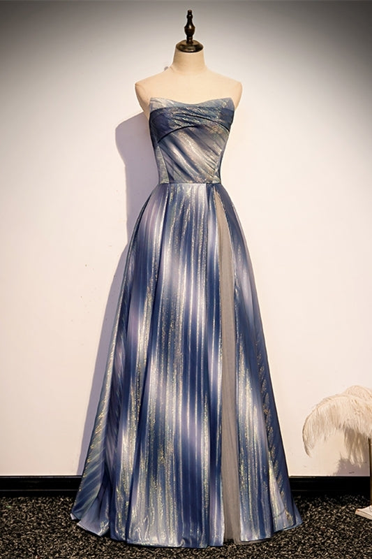 Shimmering Strapless A-line Blue Long Formal Dress
