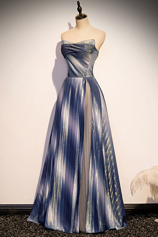 Shimmering Strapless A-line Blue Long Formal Dress