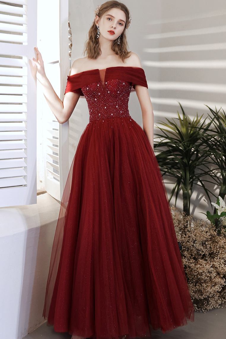 Off the Shoulder Wine Red Tulle Long Prom Dress