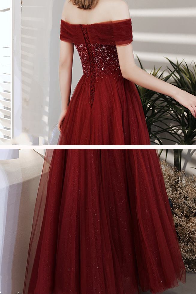 Off the Shoulder Wine Red Tulle Long Prom Dress
