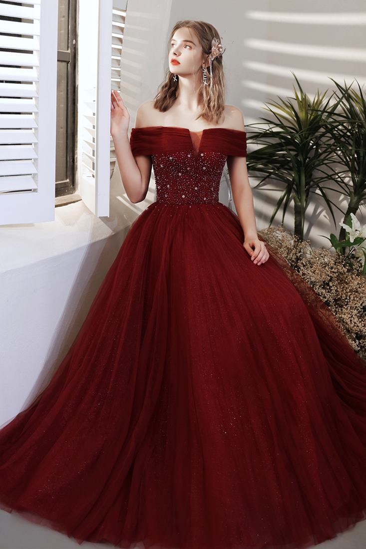 Off the Shoulder Wine Red Tulle Long Prom Dress