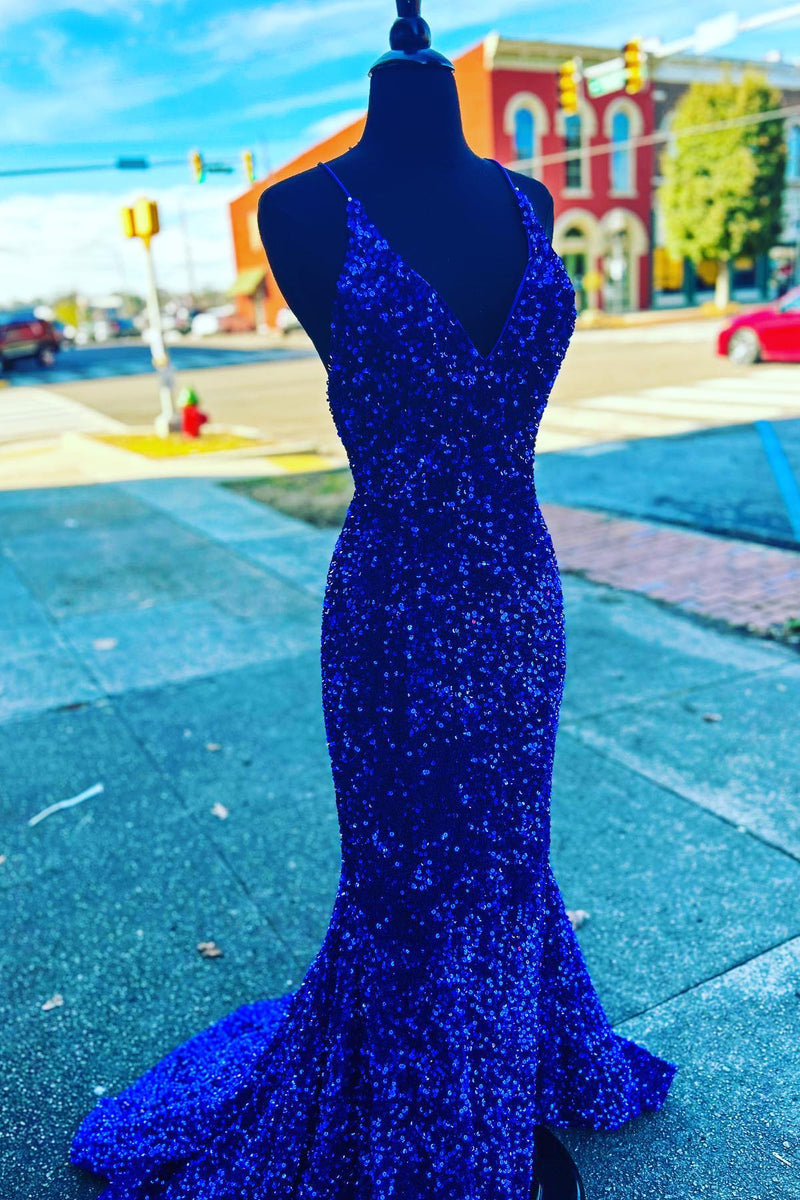 V Neck Royal Blue Sequin Mermaid Long Prom Dress