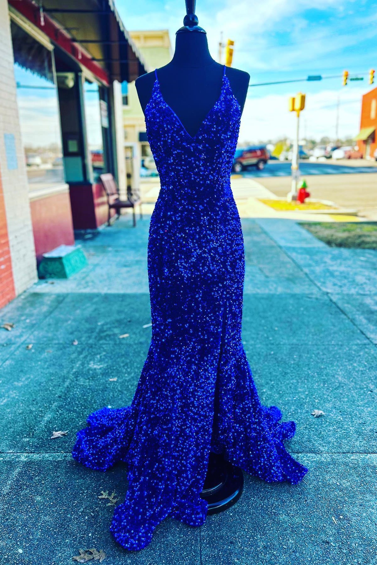 V Neck Royal Blue Sequin Mermaid Long Prom Dress