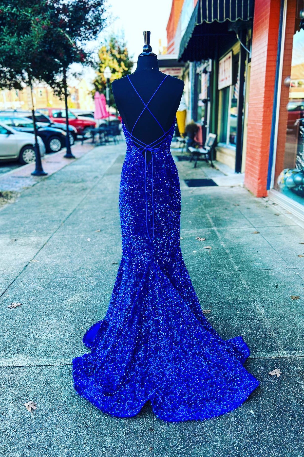 V Neck Royal Blue Sequin Mermaid Long Prom Dress