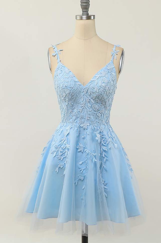 Light Blue Lace A-line Short Homecoming Dress