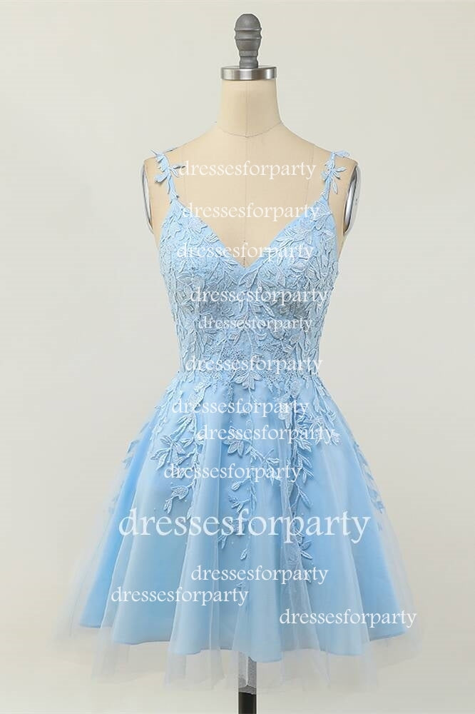 Light Blue Lace A-line Short Homecoming Dress