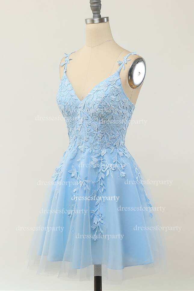 Light Blue Lace A-line Short Homecoming Dress