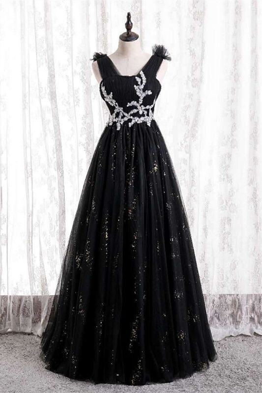 Princess A-line Black Tulle Long Formal Dress