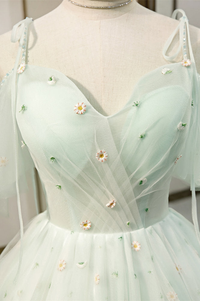 Short Light Green Party Dress with Daisy Flowers