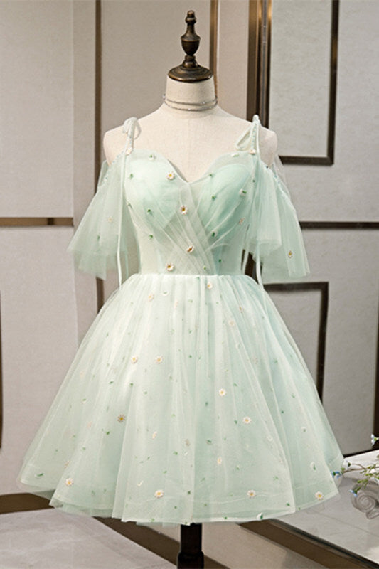 Short Light Green Party Dress with Daisy Flowers