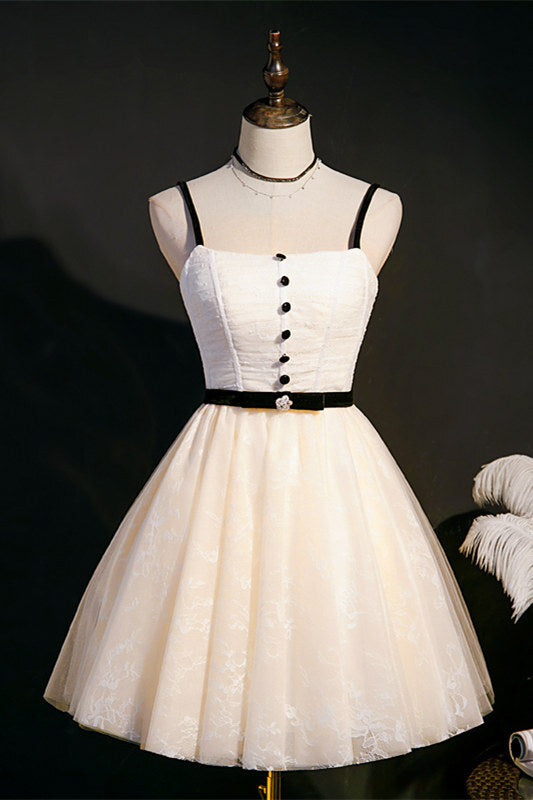 Cream A-line Short Party Dress with Black Buttons and Sash
