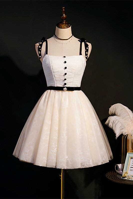 Cream A-line Short Party Dress with Black Buttons and Sash