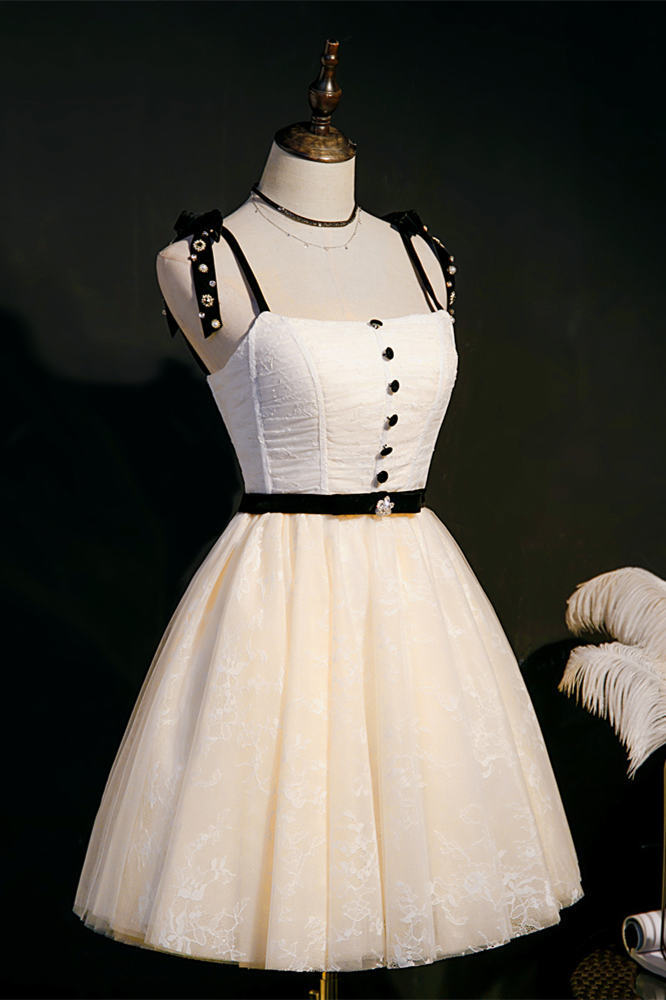 Cream A-line Short Party Dress with Black Buttons and Sash