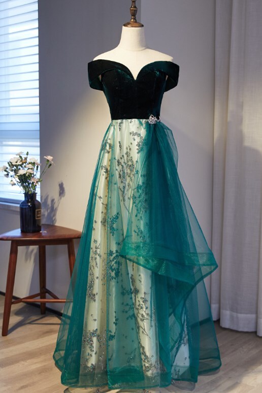 Off-shoulder Dark Green Sequin Formal Dress | DesignFormal main image 1