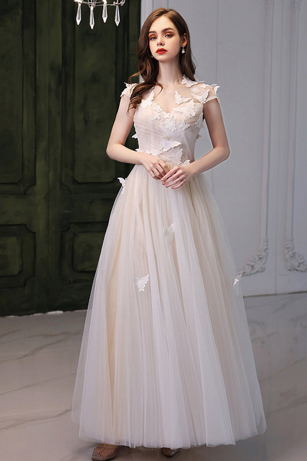 Butterfly Princess A-line White Tulle Long Formal Dress