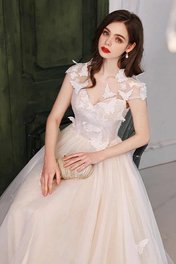 Butterfly Princess A-line White Tulle Long Formal Dress