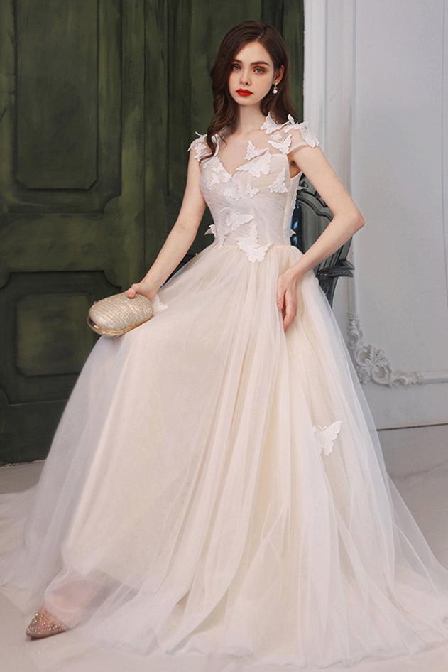 Butterfly Princess A-line White Tulle Long Formal Dress