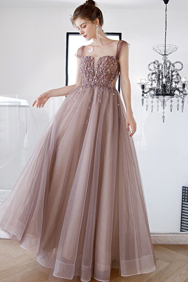Cap Sleeves A-line Tulle Long Formal Dress