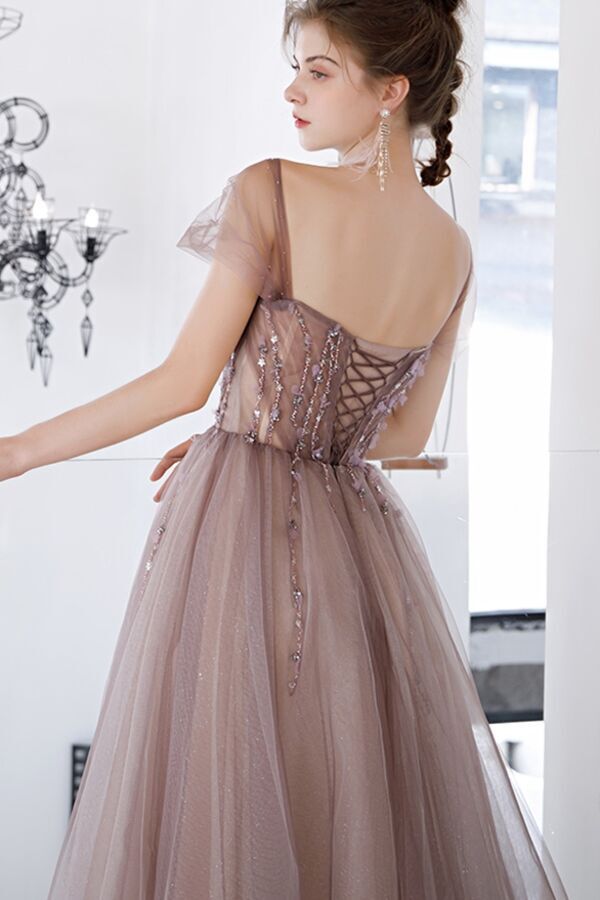 Cap Sleeves A-line Tulle Long Formal Dress