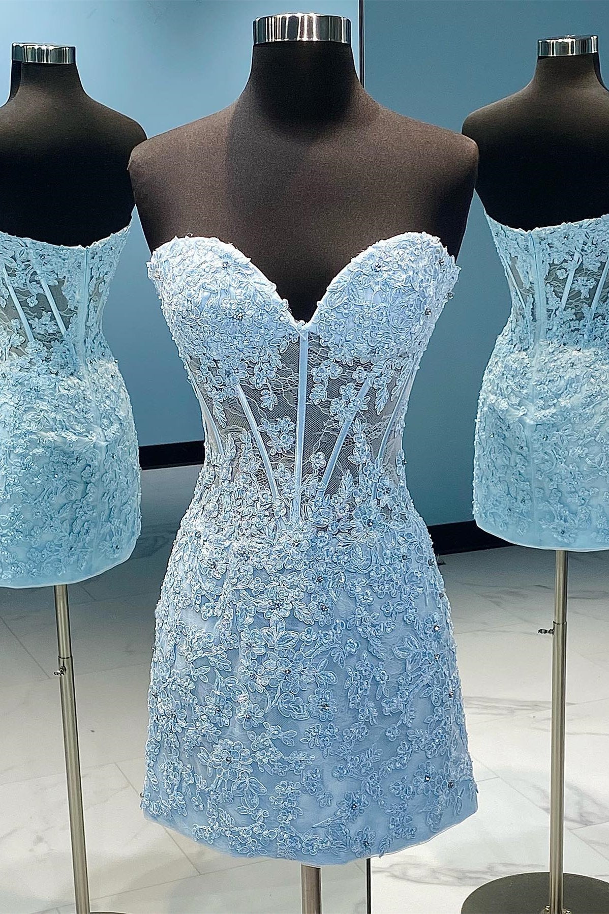 Sweetheart Light Blue Lace Appliques Bodycon Mini Party Dress