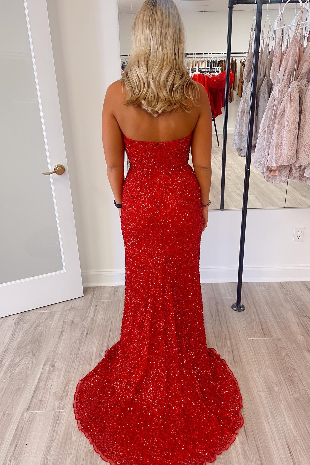 Red Sequin Strapless V Neck Mermaid Long Prom Dress