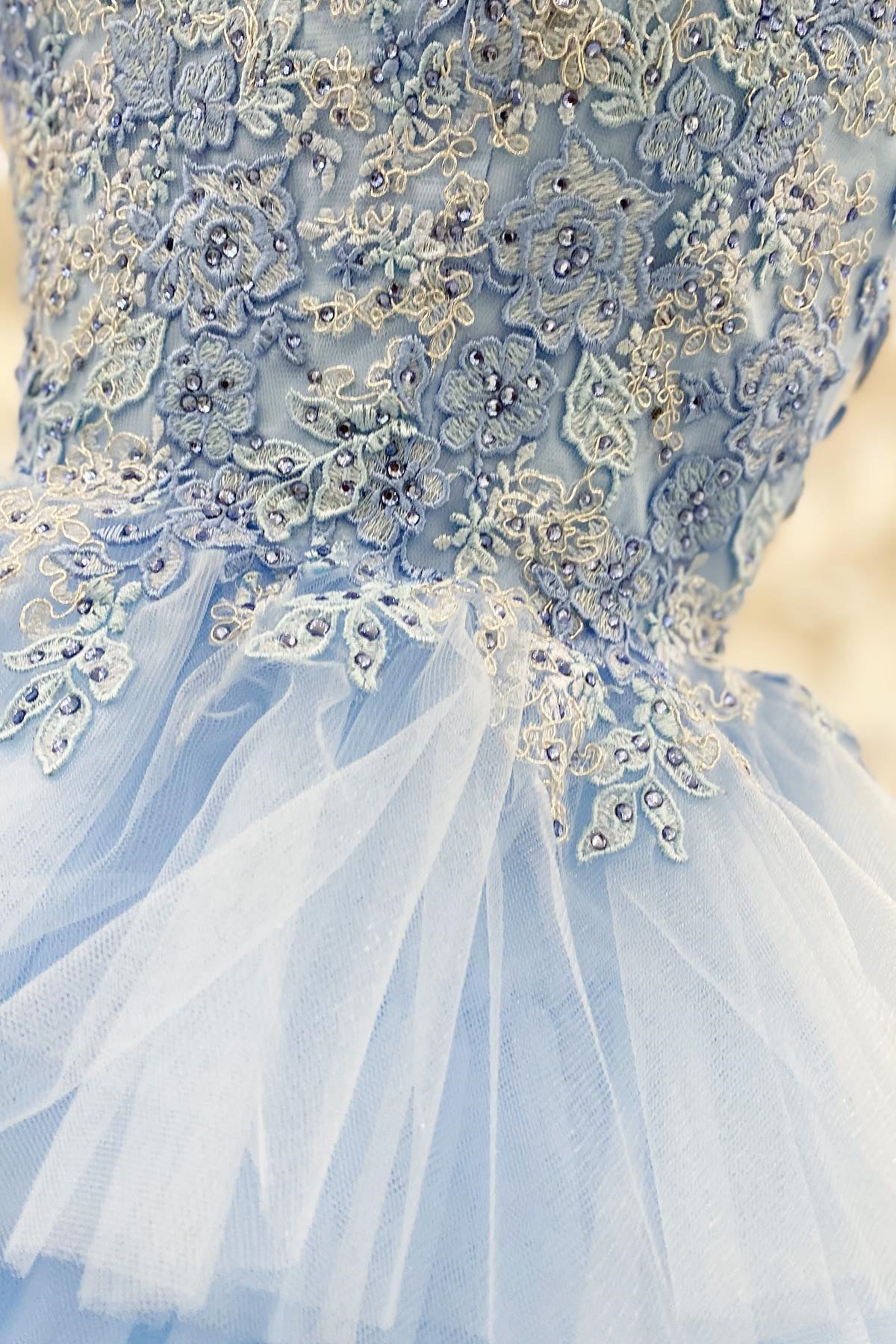 Blue Tiered Layers Lace Appliques A-line Long Formal Dress
