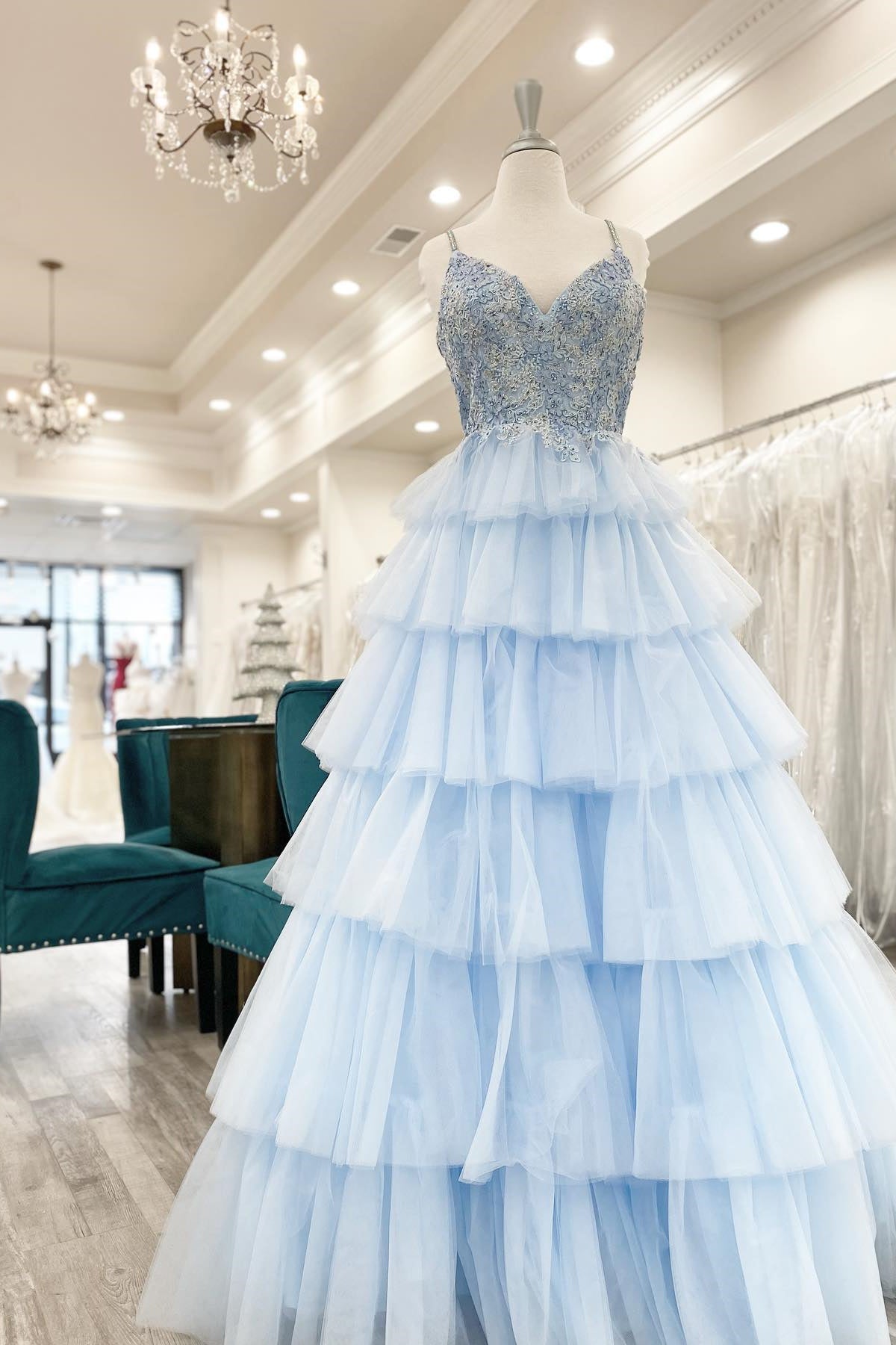 Blue Tiered Layers Lace Appliques A-line Long Formal Dress