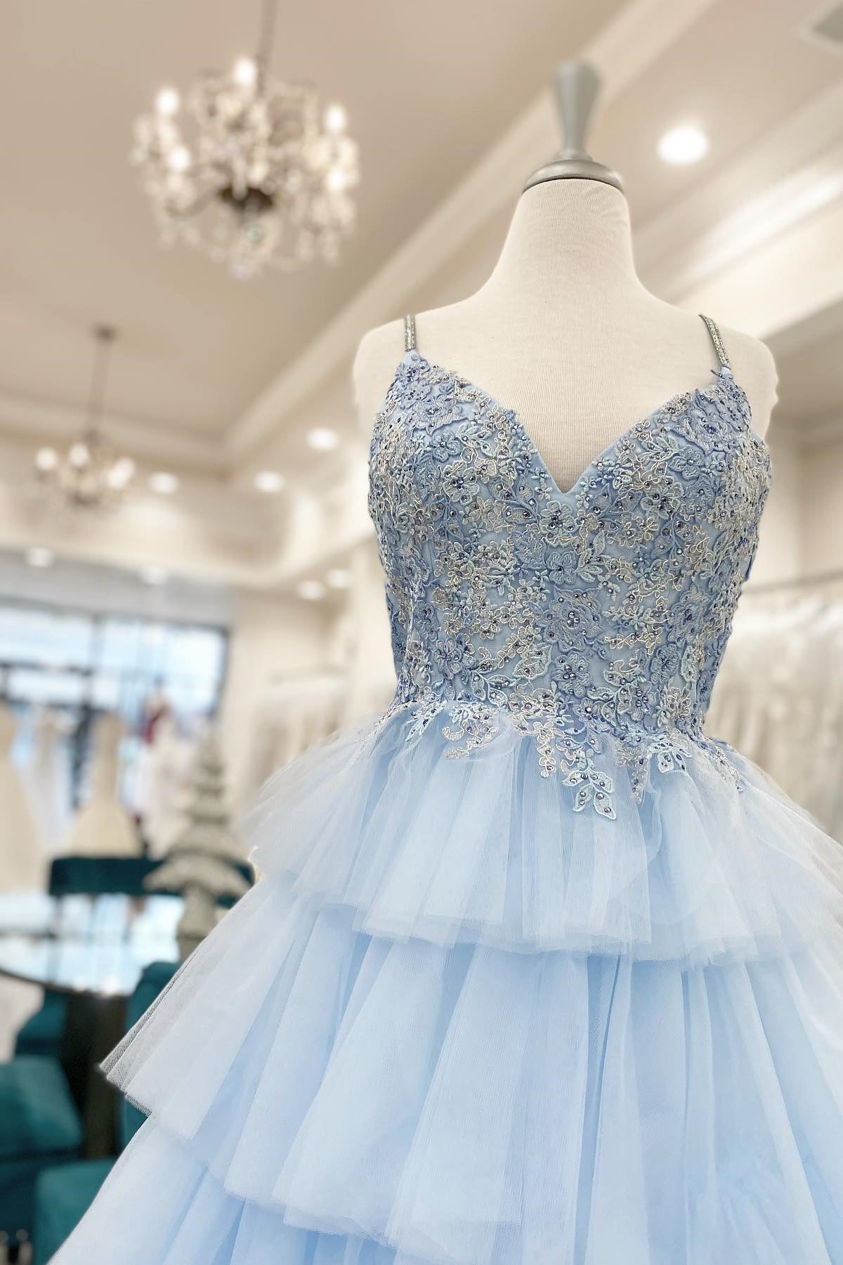 Blue Tiered Layers Lace Appliques A-line Long Formal Dress