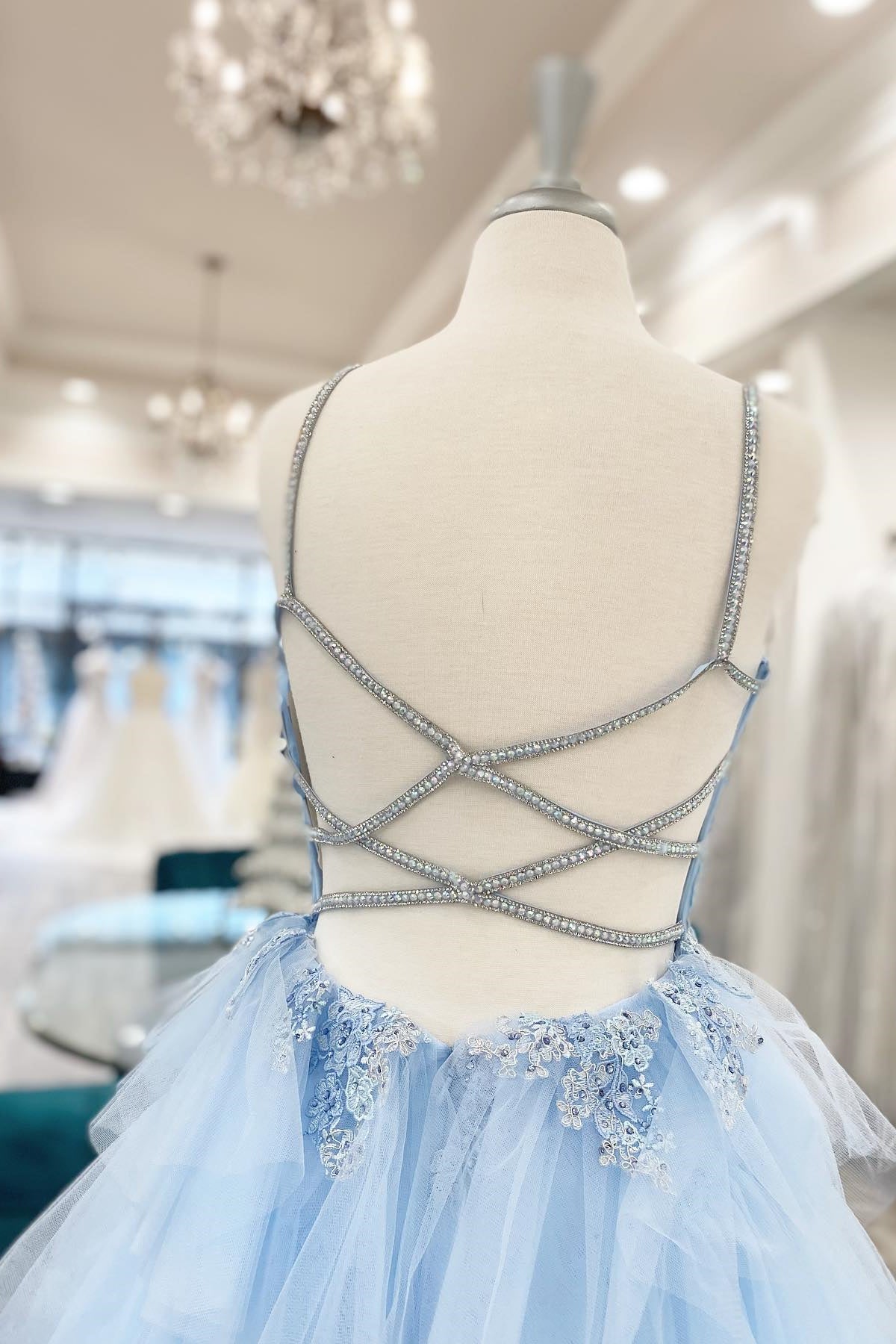 Blue Tiered Layers Lace Appliques A-line Long Formal Dress