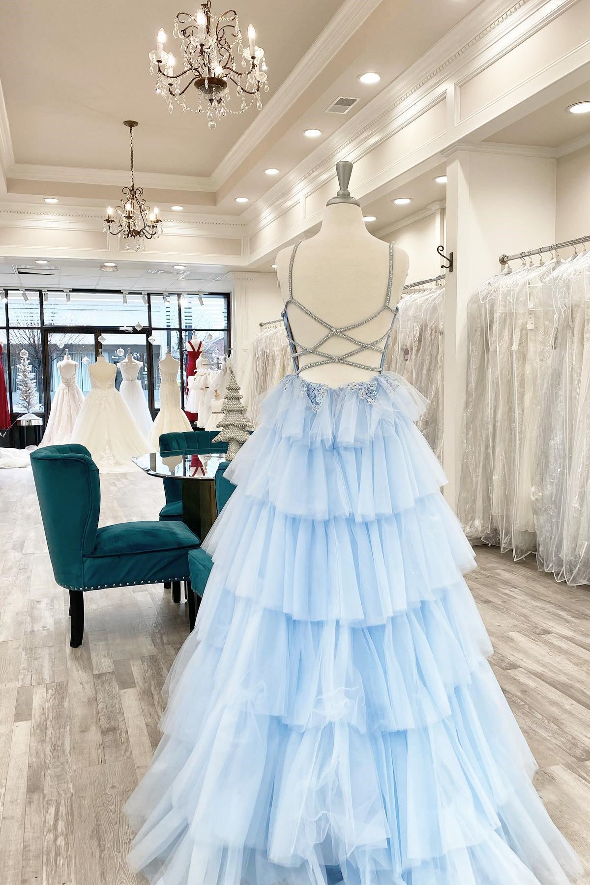 Blue Tiered Layers Lace Appliques A-line Long Formal Dress