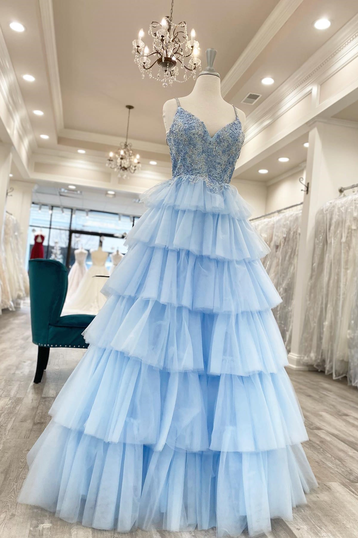 Blue Tiered Layers Lace Appliques A-line Long Formal Dress