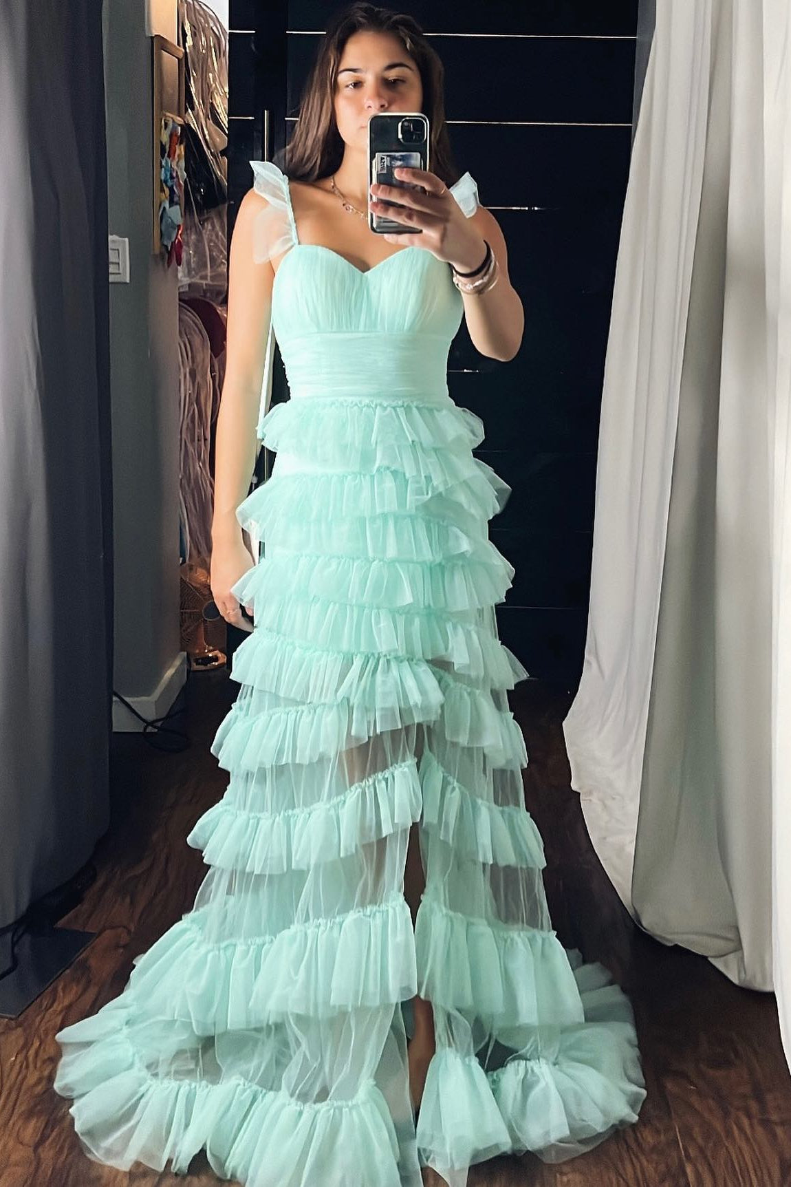 Mint Green Tiered Ruffle Long Prom Dress