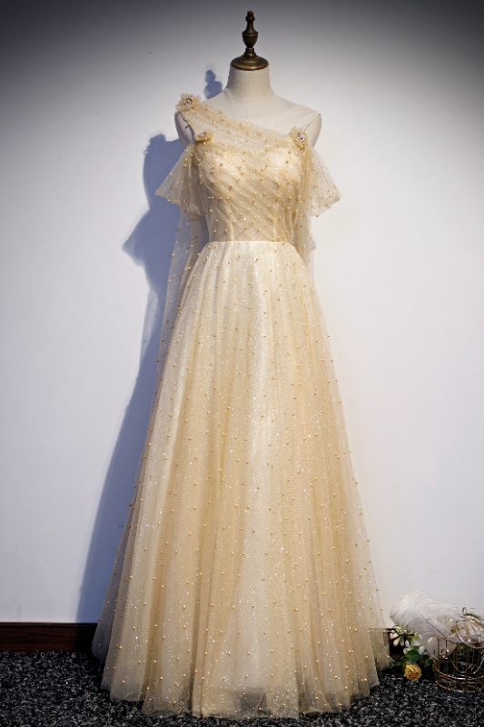 Gorgeous A-line Champagne Pearls Long Prom Dress