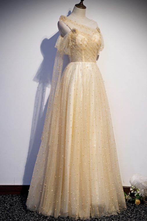 Gorgeous A-line Champagne Pearls Long Prom Dress