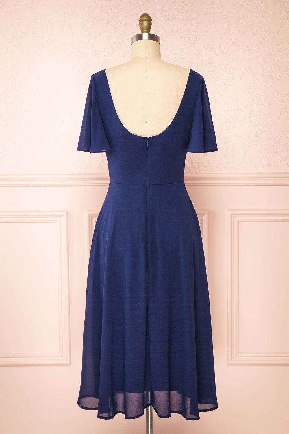 Navy Blue Chiffon A-line Short Bridesmaid Dress with Flutter Sleeves