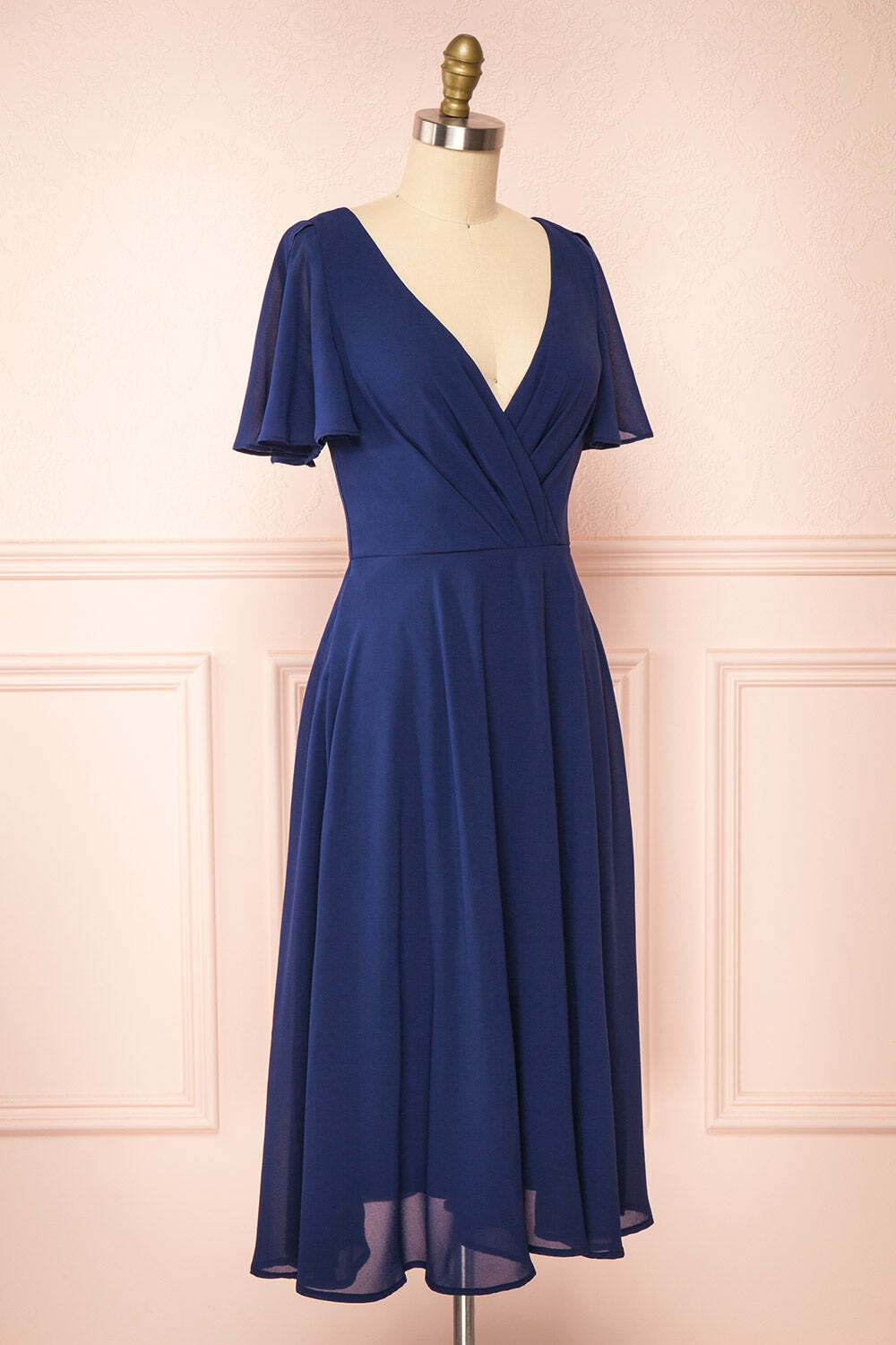 Navy Blue Chiffon A-line Short Bridesmaid Dress with Flutter Sleeves