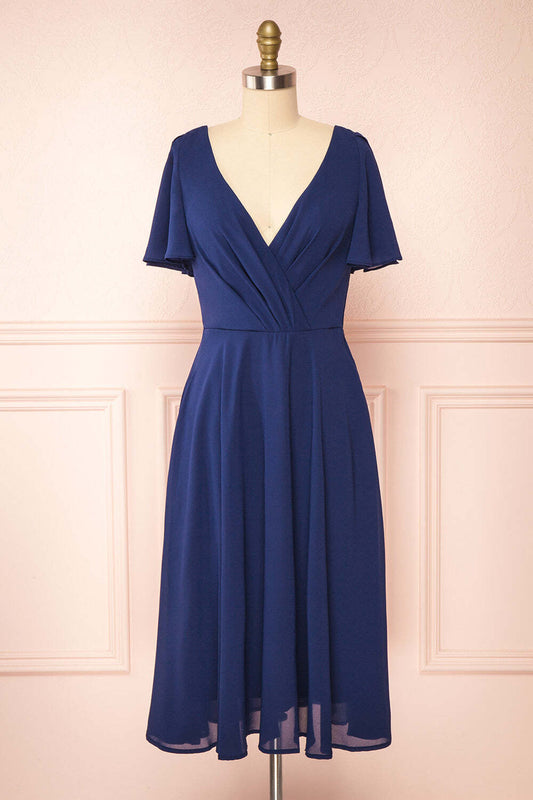 Navy Blue Chiffon A-line Short Bridesmaid Dress with Flutter Sleeves