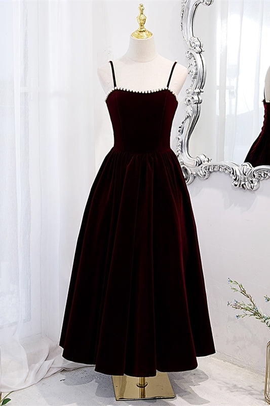 Burgundy Velvet A-line Midi Dress with Spaghetti Straps Dressesforparty Burgundy Velvet A-line Midi Dress with Spaghetti Straps Dressesforparty