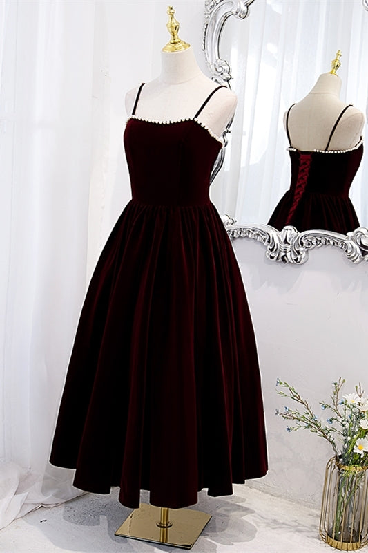 Burgundy Velvet A-line Midi Dress with Spaghetti Straps